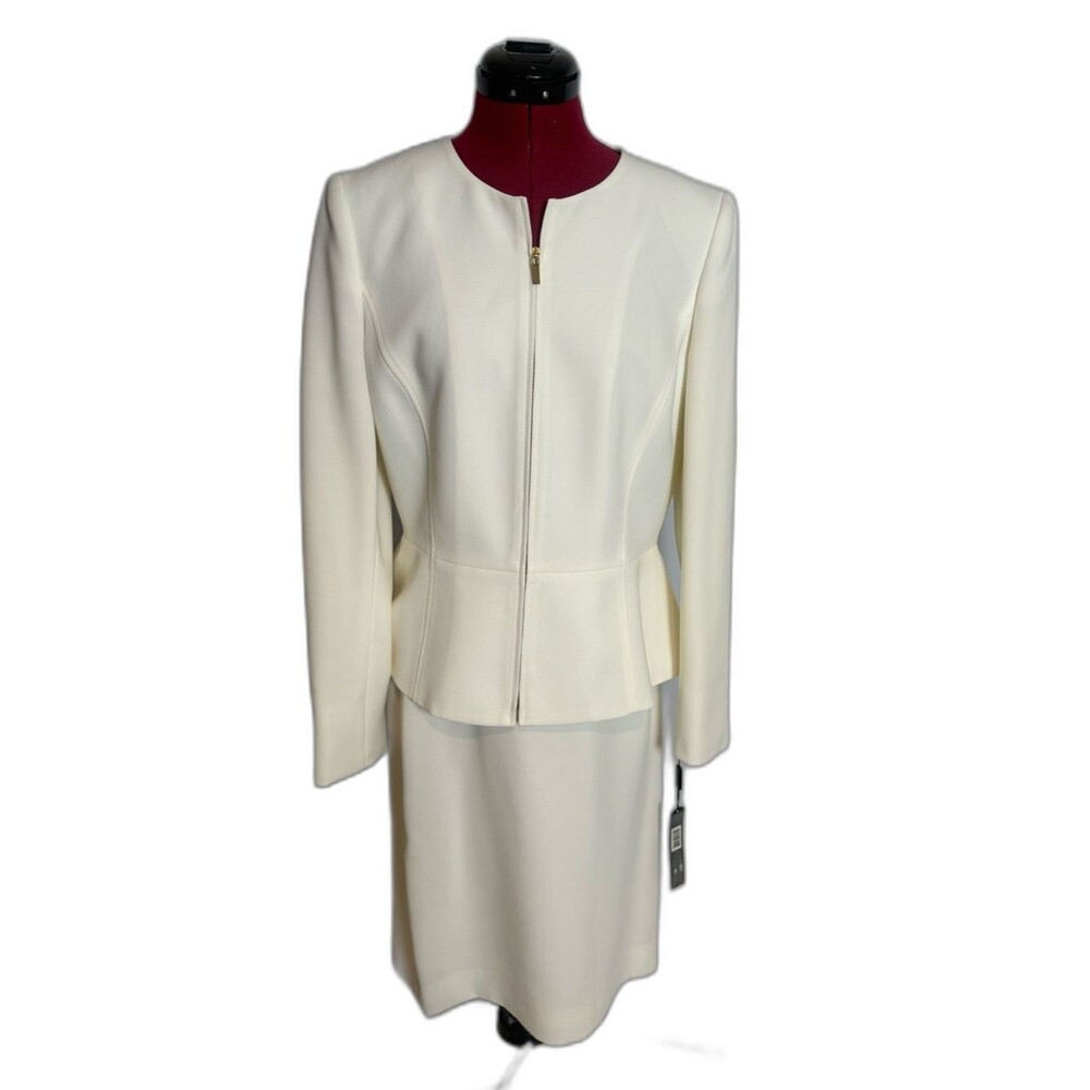 NWT Tahari ASL Skirt Suit Size 10 Cream 2-Piece Set Peplum Blazer & Skirt